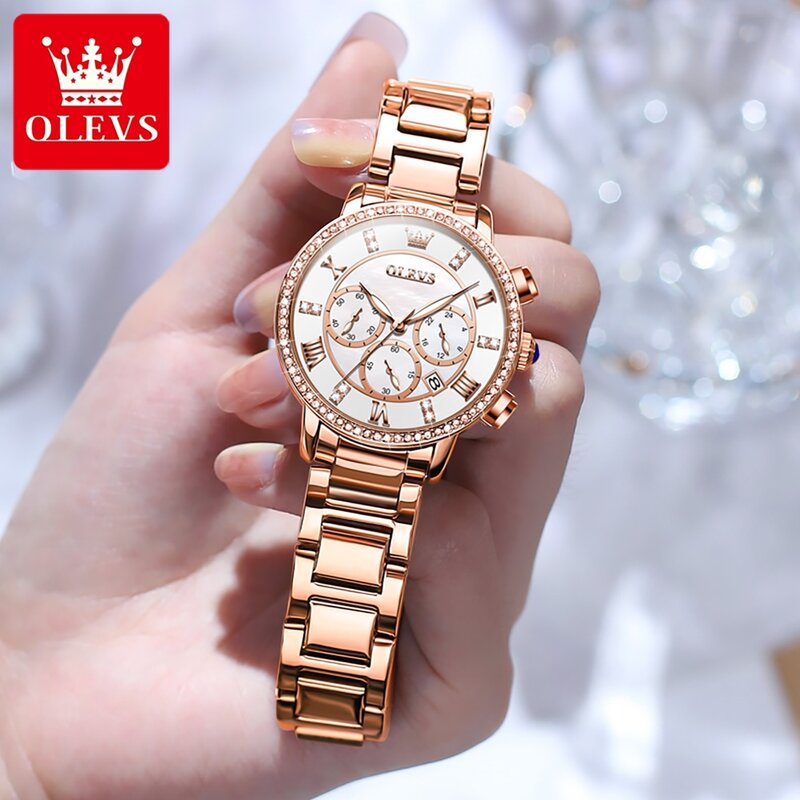 Olevs Luxus Roségold Armband Quarzuhr für Damenmode Edelstahl wasserdichte Chronograph uhren relogio feminino