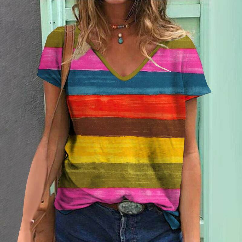 3D gestreifte Print T-Shirts für Frauen übergroße V-Ausschnitt Kurzarm Tops Sommer mode beliebte weibliche Kleidung 2024 Streetwear