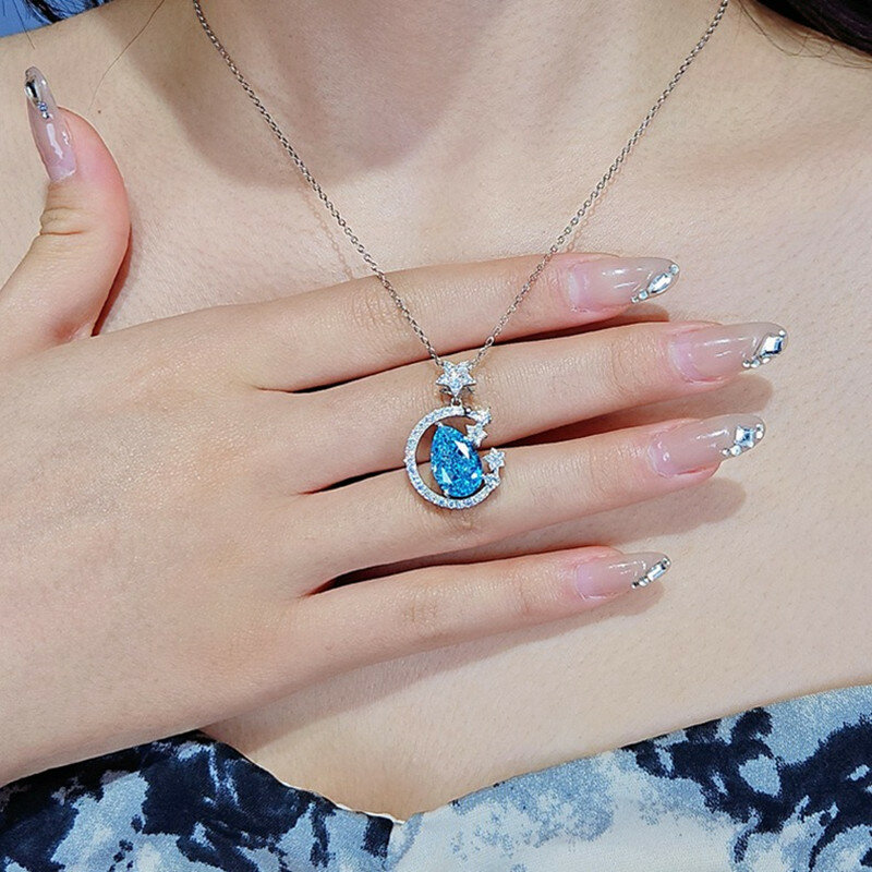 Blue Topaz Crystal Zircon Diamonds Gemstones Moon Stars Shape Pendant Necklaces for Women Girl Wife Girlfriend Jewelry Gifts New