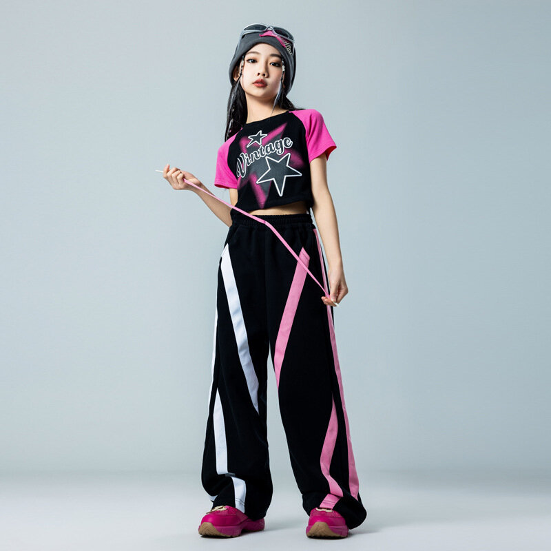 Kaus Crop Hip Hop anak perempuan, kostum panggung Jazz pakaian jalanan Jogger dansa anak-anak set pakaian manis