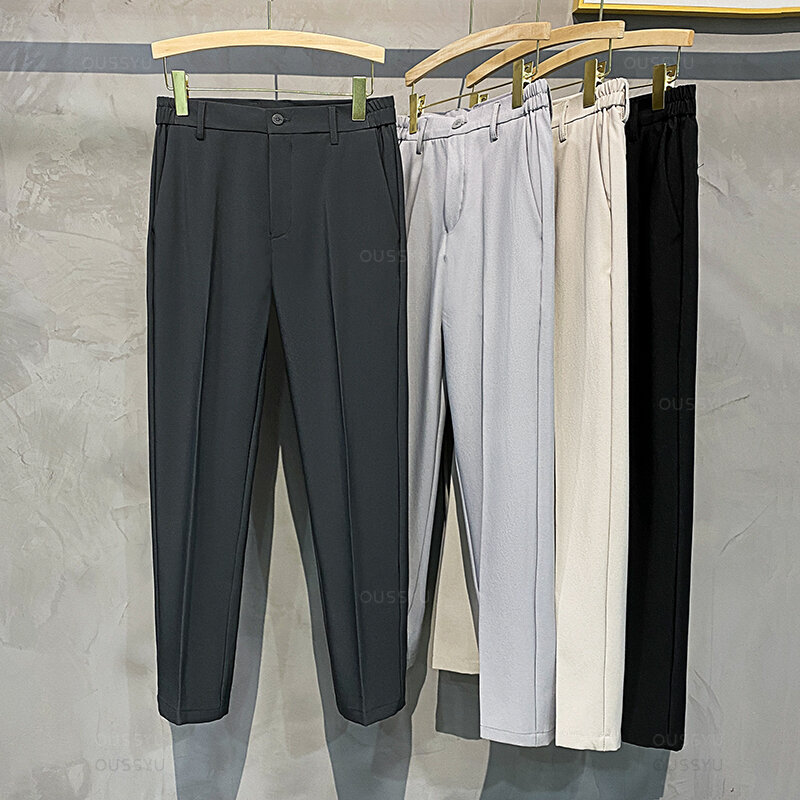 Celana panjang bisnis pria, Bawahan kasual Slim Fit 2024 untuk kerja, pinggang elastis Jogging, warna hitam ukuran 40 42