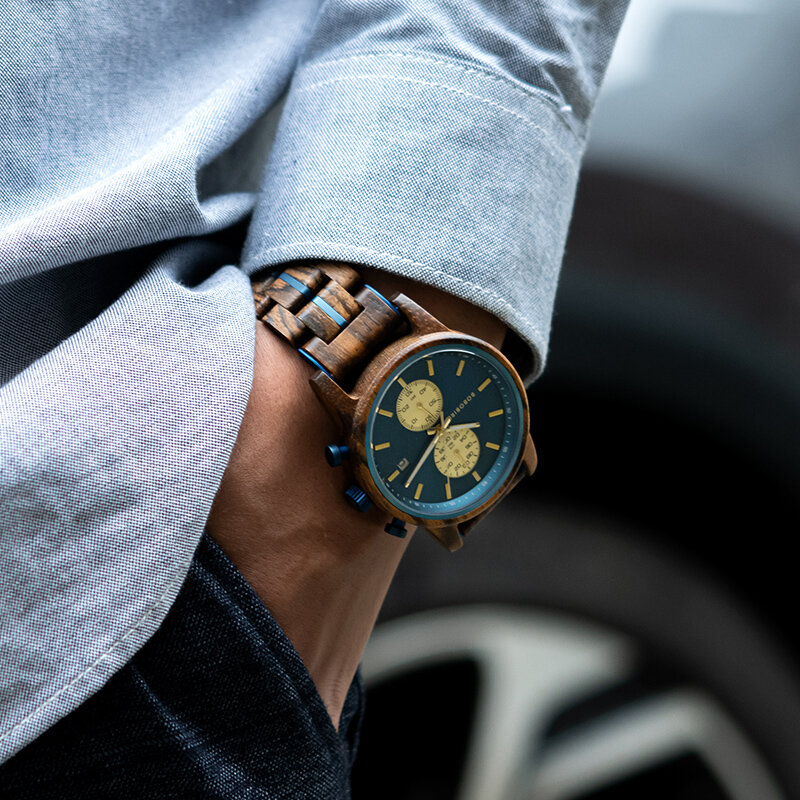 BOBO BIRD-reloj analógico de madera para hombre, accesorio de pulsera de cuarzo resistente al agua con cronógrafo grabado en madera, complemento masculino de marca de lujo con pantalla de fecha y diseño personalizado