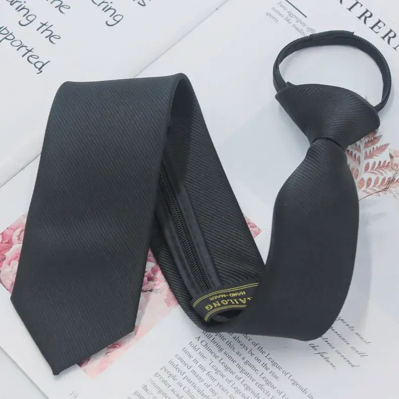 Men's zippered tie 6cm narrow solid color lazy people without wearing a black tie