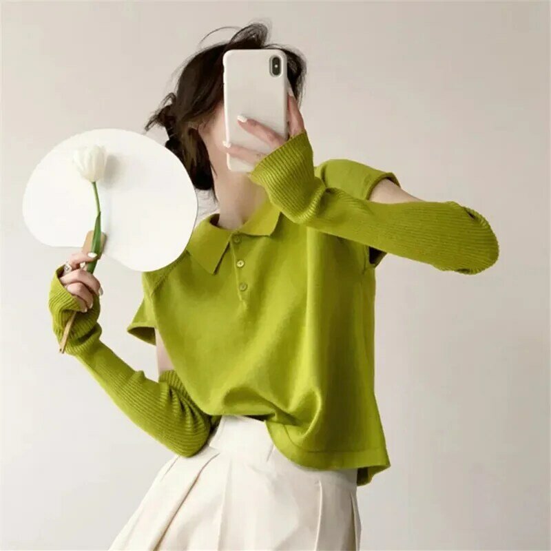 Suéteres de moda para Mujer, jersey verde ajustado con cuello tipo Polo, Top de punto elegante, Ropa para Mujer 2022
