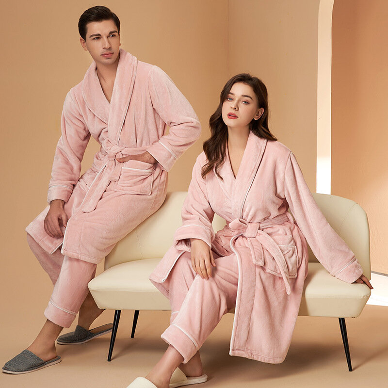 2023 jubah mandi untuk Pasangan flanel pakaian tidur wanita pria jubah mandi & celana 2 potong pakaian tidur panjang tebal bulu karang pakaian tidur