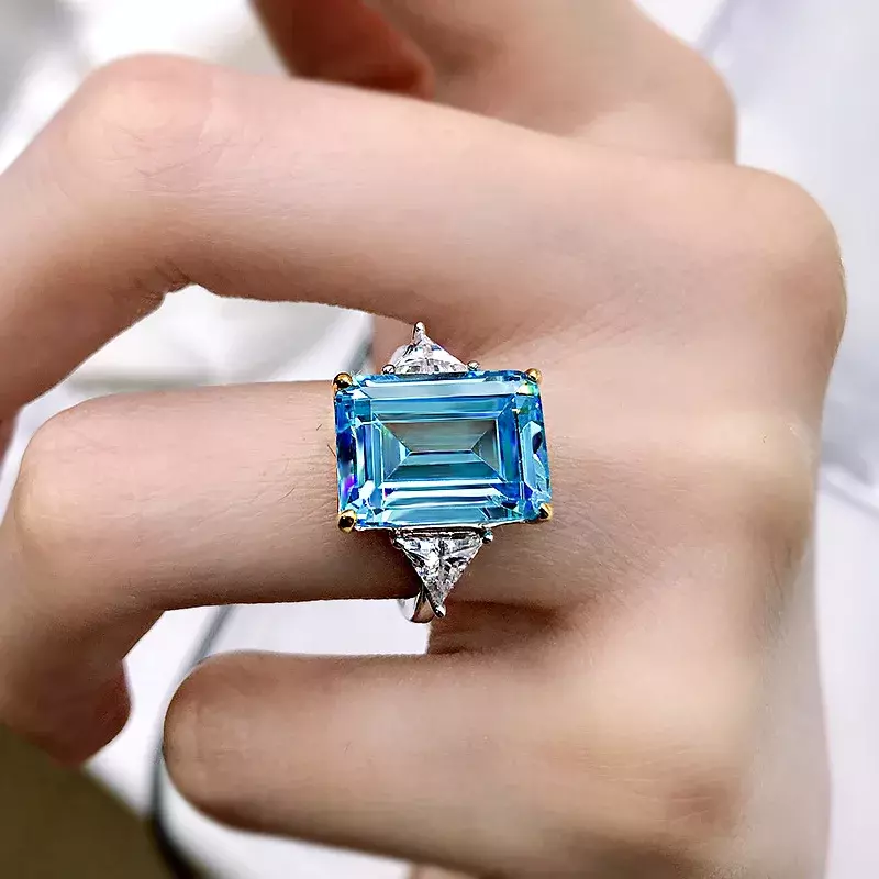 100% 925 perak asli 10*14mm Aquamarine cincin berlian karbon tinggi untuk wanita batu permata cincin pernikahan pesta hadiah perhiasan bagus