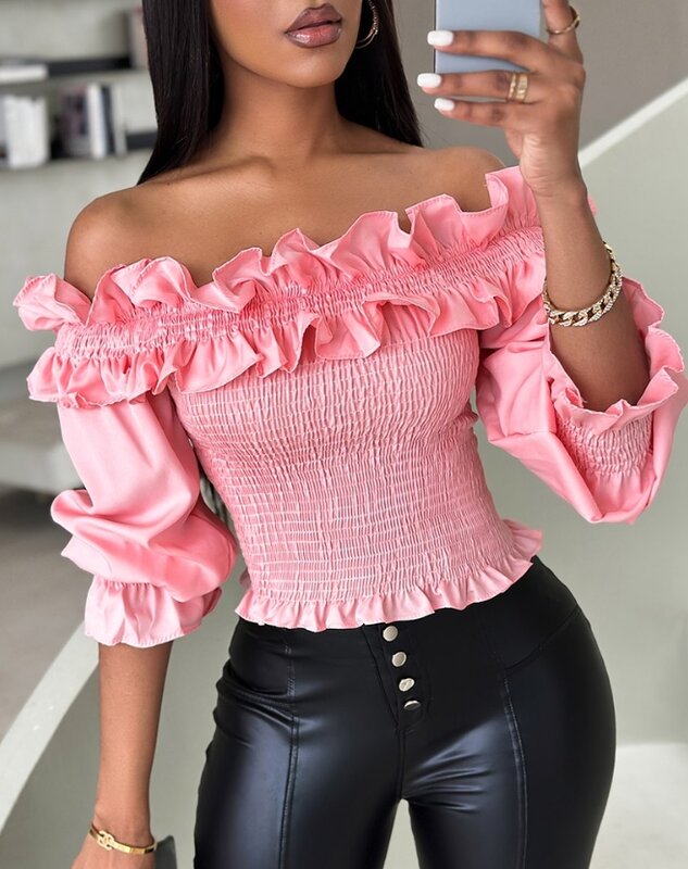 Women's Spring/summer Top One Shoulder Fold Ragged Edge Off Shoulder Bubble Sleeves Short, Intellectual Elegant Solid Color Top