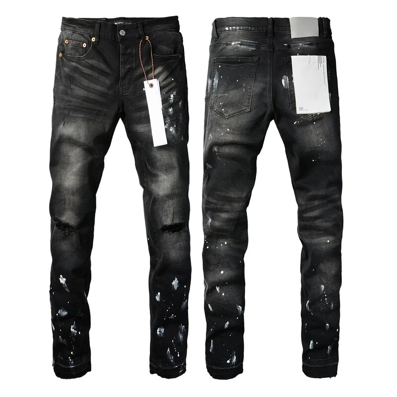 Jeans di marca viola moda high street di alta qualità, vernice nera, vecchia riparazione, pantaloni attillati convessi bassi taglia 28-40