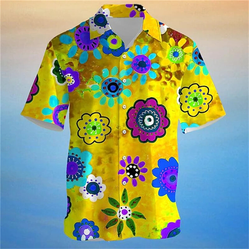Camisa hawaiana con estampado 3D Floral para hombre, camisa de manga corta para vacaciones hawaianas al aire libre, camisa de gran tamaño amarilla, azul y púrpura