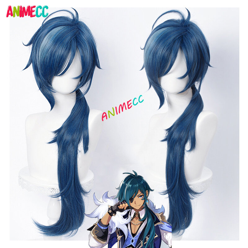 ANIEMCC Genshin Impact Kaeya Cosplay peruki męskie 80cm długości atramentowo-niebieskie peruki przebranie na karnawał peruki Anime odporne na ciepło syntetyczne włosy
