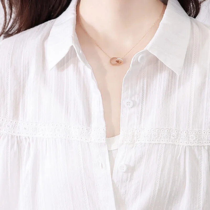 Blus katun putih, Kemeja dan atasan renda tambal sulam temperamen wanita, blus kardigan lengan panjang garis-garis Korea longgar 2024