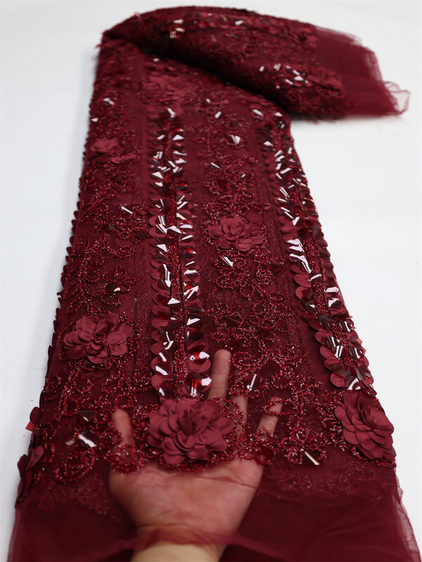 Tecido de renda de tule 3D francês africano, tecidos nigerianos para festa, costura vestido de noiva, renda de alta qualidade com lantejoulas, 2023