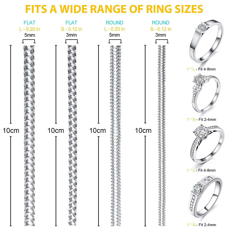 Invisible espiral tamanho do anel redutor ferramentas, ajustando anéis, jóias guarda, ajustando, transparente, com base na mola, 4pcs, conjunto