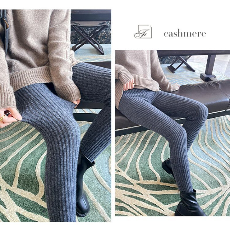 Celana panjang legging rajut wanita, legging ramping kasual pinggang tinggi musim gugur, celana panjang sepergelangan kaki tebal elastis Solid