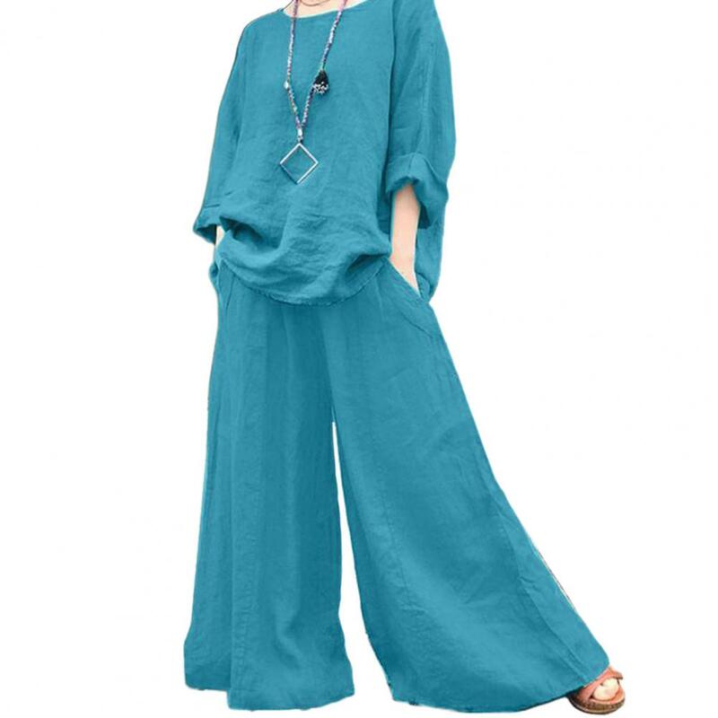 T-shirt à manches longues et pantalon à entrejambe profond pour femmes d'âge moyen, ensemble de 2 pièces, haut à col rond, jambe large, culottes décontractées