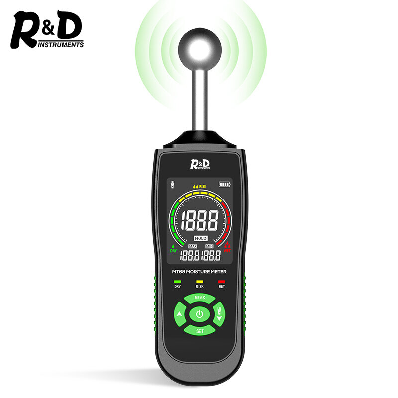 R & d mt68 digitales holz feuchtigkeit messgerät berührungs los holz feucht detektor lcd bildschirm hygrometer alarm feuchtigkeit tester pinless detect