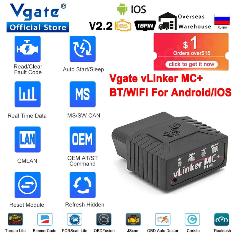 Vgate vLinker MC + ELM327 pemindai mobil, alat diagnostik mobil otomatis ELM 4.0 V1 5 Bluetooth 327 OBD2 WIFI