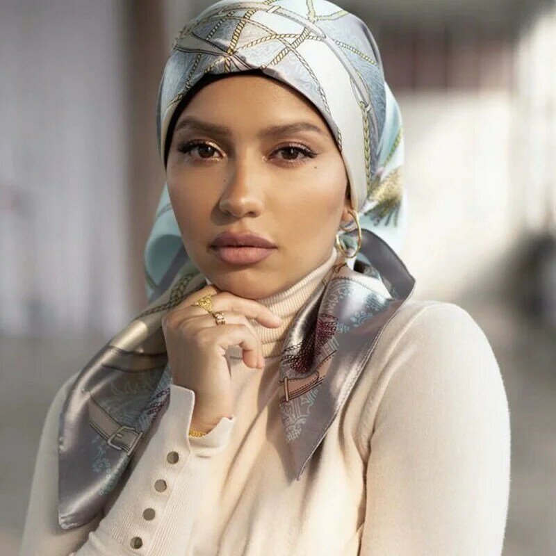 2023 Luxe Merk Elegant Satijn 90Cm Grote Vierkante Zijden Sjaals Moslim Hoofddoek Zachte Sjaal Vrouwen Chiffon Hijab Winter Infinity