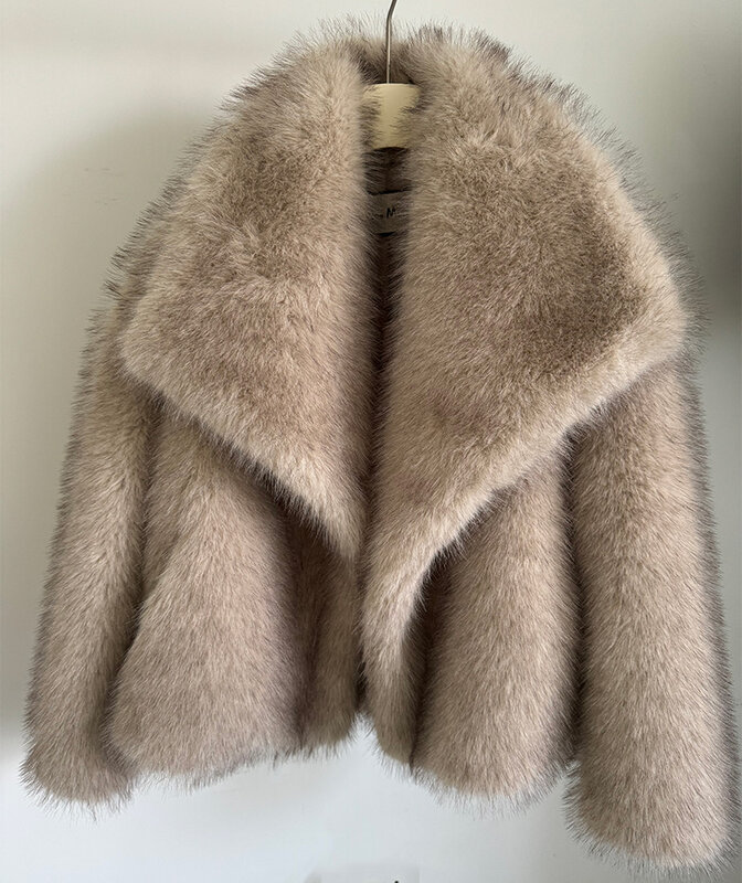 Abrigo de piel esponjosa degradado para mujer, chaqueta de lujo con cuello de piel grande de zorro falso, moda de invierno, novedad de 2023