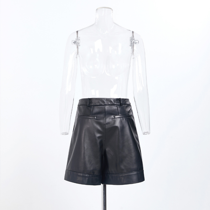 Celana Kulit Asli ผู้หญิงลำลองสีดำเอวสูงหลวมก้นกางเกงขาม้า A-Line Hot กางเกงหนังกางเกงขาสั้น