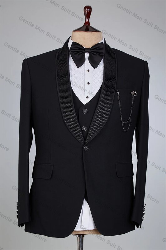 Conjunto de trajes con cristales negros para hombre, de 3 piezas chaqueta de esmoquin, chaleco y pantalones formales de lujo para oficina, graduación, novio, boda