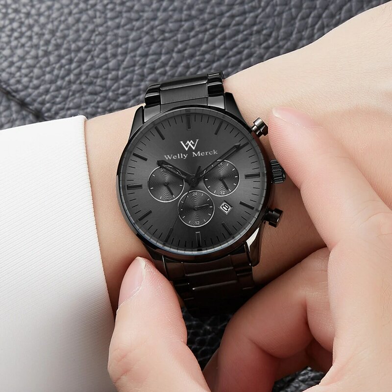Welly Merck Business Fashion Mens Watches with Stainless Steel Waterproof Auto Date Chronograph TMI VD33 Quartz Watch for Men