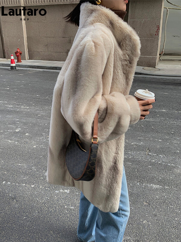 Lautaro-abrigo grueso y cálido de piel de visón sintética para mujer, chaqueta mullida con cuello levantado, ropa elegante de diseñador de lujo para pasarela, invierno, 2022