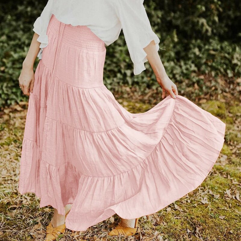 Women's Summer Boho Skirt Elastic High Waist loose Oversize Large Hemline Casual Drawstring A-Line Long Skirts For Beach Wear