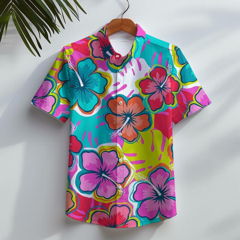 Camisa havaiana casual masculina, camisas de manga curta com botão, roupa estampada 3D floral de folha tropical para férias de verão