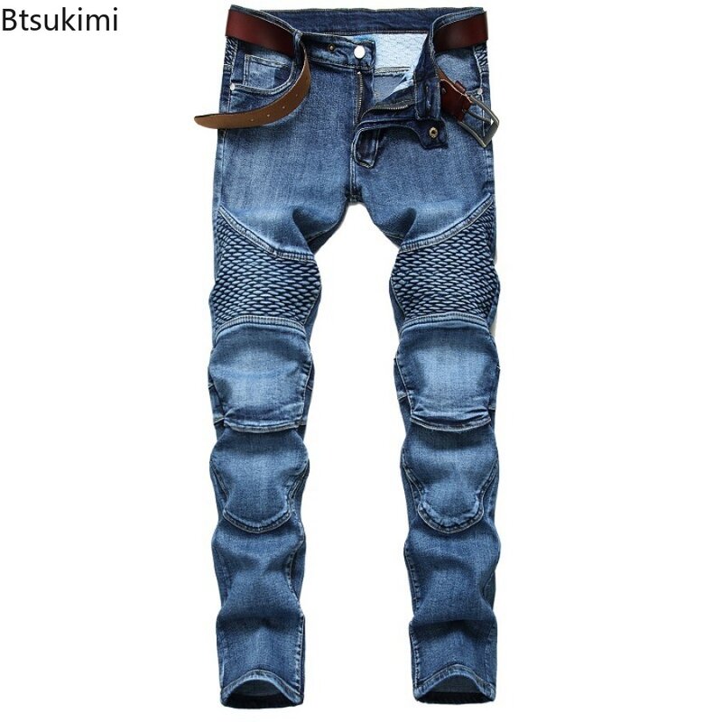 Celana panjang Slim Fit pria, Jeans sepeda motor kasual Hip Hop gaya Retro 2024 untuk lelaki