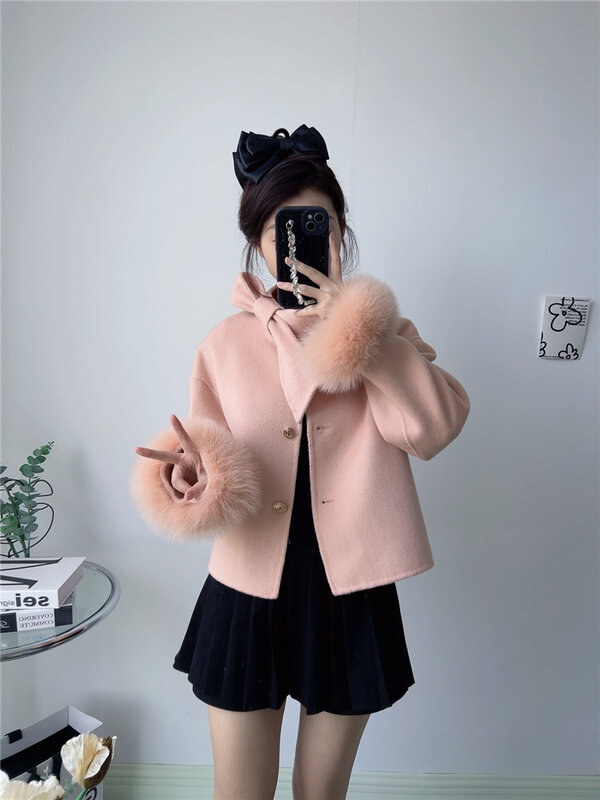 2024 New Winter Real Natural Fox Fur Cuff Coat Ladies Outwear Female Coat Cashmere Wool Woolen Women Luxury Jacket