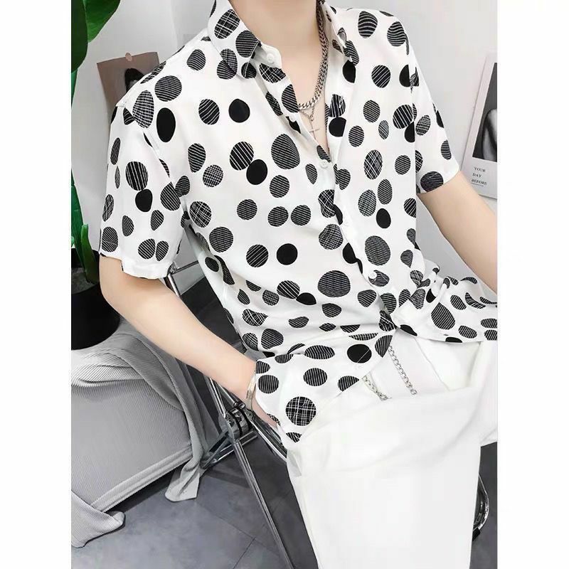 2024 New Summer Korean Version Handsome Casual Street Fashion Style Polka Dot Loose Breathable Short Sleeved Men's Shirt Top