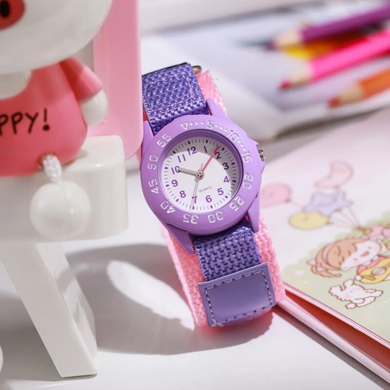Jam tangan olahraga Bezel berputar untuk anak perempuan 31mm tali Velco nilon Dial hadiah anak