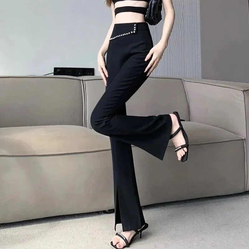 New Spring Summer Korean Split Women's Suit Pants High Waist Casual Thin Black Slim Pants Female Trousers Loose Trumpet Pants