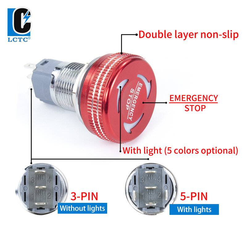 Joli d'arrêt d'urgence avec lumière, bouton poussoir en métal, pièce plus lente, 1NO1NC 2NO2NC, 16mm, 19mm, 22mm, 30mm