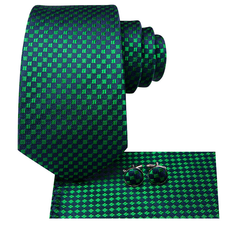 Hi-Tie Designer Blue Green Plaid Elegant Men Tie Jacquard Necktie Accessory Cravat Wedding Business Party Hanky Cufflinks Set