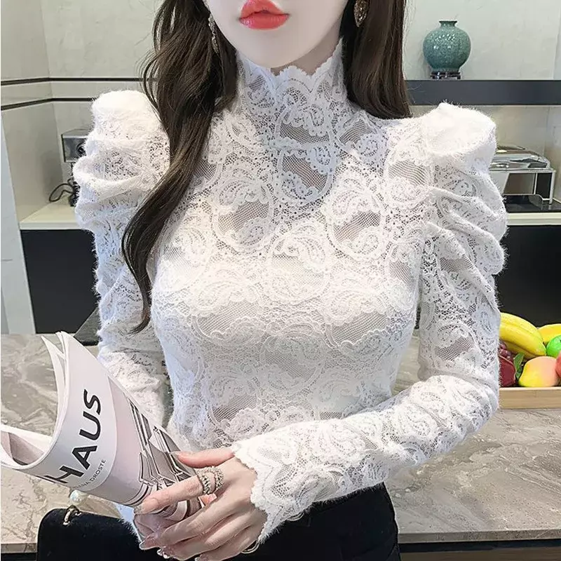 Elegant Turtleneck Folds Ruffles Hollow Out Lace Blouse Women Clothing 2024 Autumn New Casual Pullovers Puff Sleeve Korean Shirt
