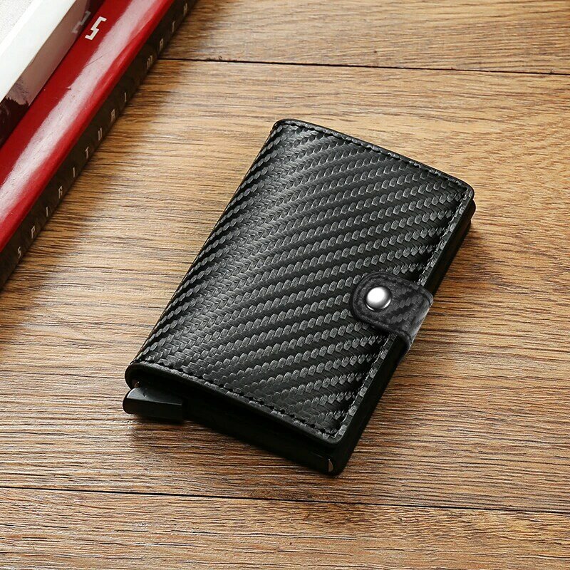 Portafoglio porta carte di credito in fibra di carbonio da uomo Rfid Smart Metal sottile sottile portafoglio minimalista Pop-Up piccola borsa nera in metallo
