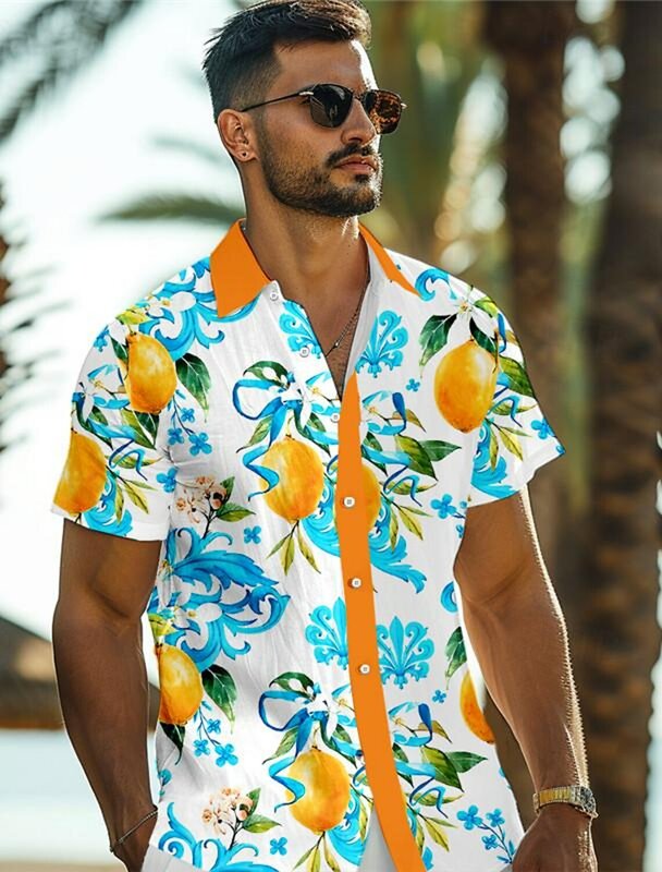 Lemon Tropical Men's Resort Hawaiian 3D Printed Shirt Button Up Short Sleeve tee Summer Beach Shirt Vacation Daily Wear S TO 5XL