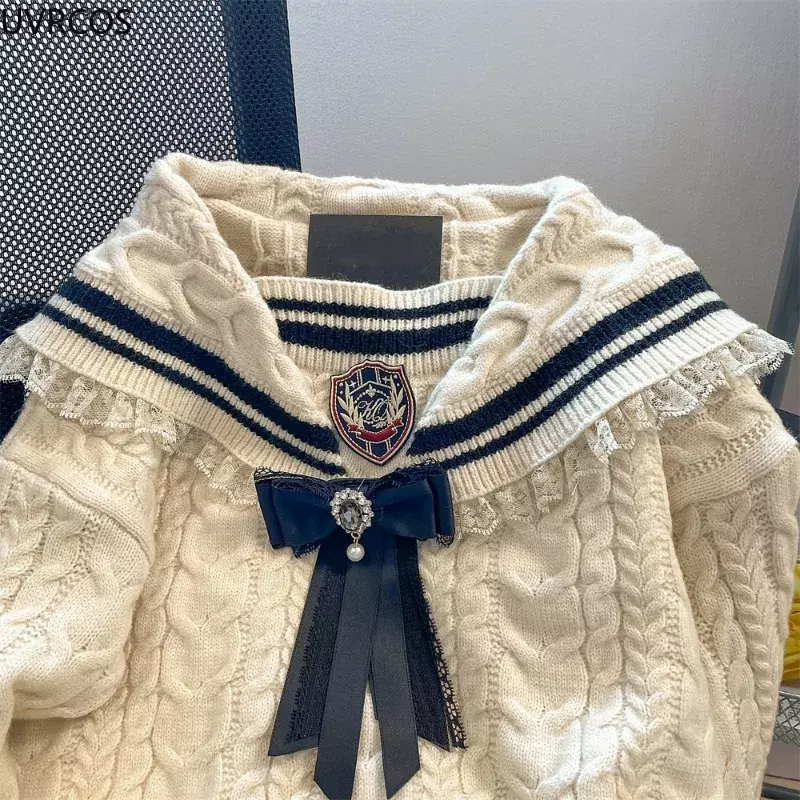 Autumn Winter Preppy Style JK Knitted Sweaters Women Sweet Lace Sailor Collar Bow Pullovers Retro Y2k Thickened Warm Jumper Coat