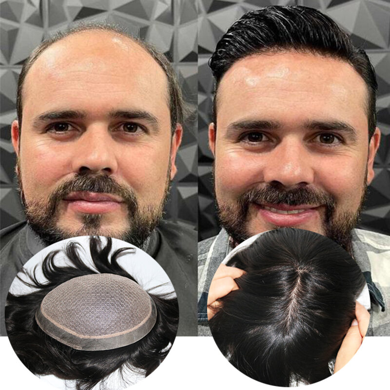 M-lace sutra dasar pria Toupee dengan PU dan Swiss renda 100% rambut manusia lurus alami kulit kepala terlihat bernapas untuk pria