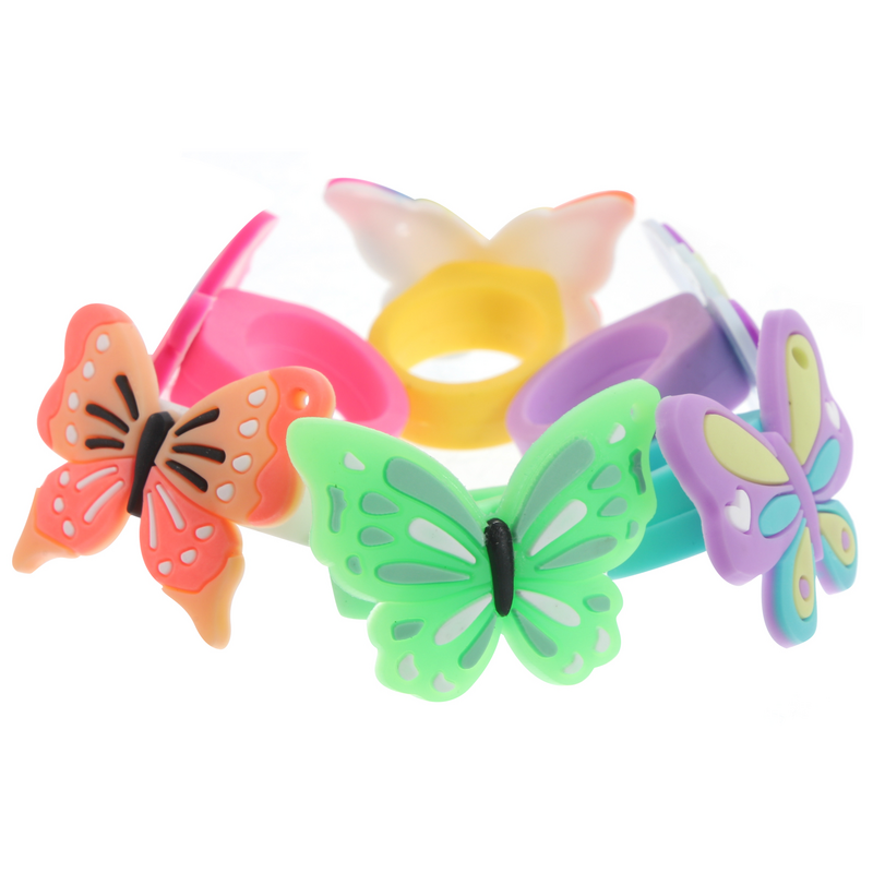 Anéis de borboleta para crianças, adoráveis anéis de PVC para meninas, anéis decorativos dos desenhos animados, brinquedos infantis, 12 pcs