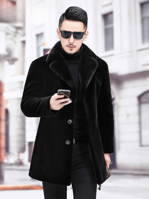 Jaket panjang laki-laki, mode Musim Dingin 2023 domba Panjang Jaket panjang kancing sebaris pria wol asli mantel bulu P501