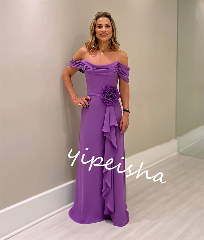 Jersey Pleat Flower Valentine's Day Straight Boat Neck Bespoke Occasion Gown Long Dresses