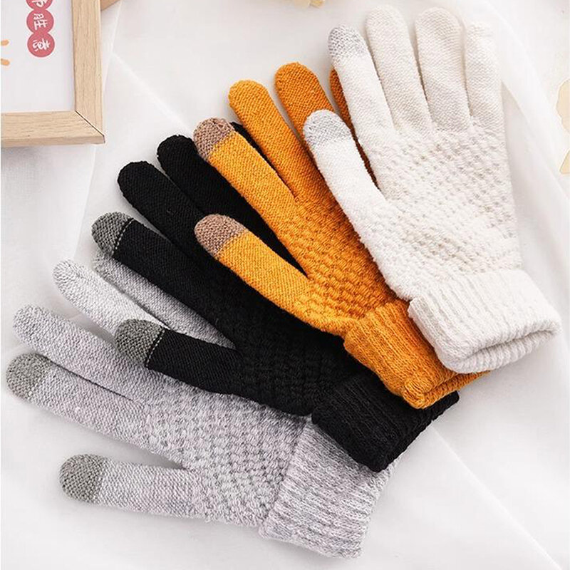 Luvas de tela sensível ao toque para homens e mulheres, luvas de malha estiramento quente, imitação de lã, dedo cheio, crochê feminino, engrossar, inverno