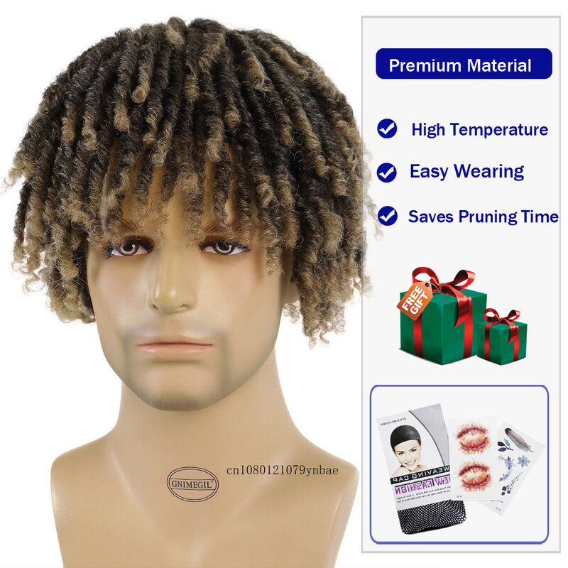 Syntheitc Hair Half Wigs for Men Ombre Brown Braided Wig with Bangs Short Curly Crochet Gradient Dreadlocks Dirty Braid Wigs