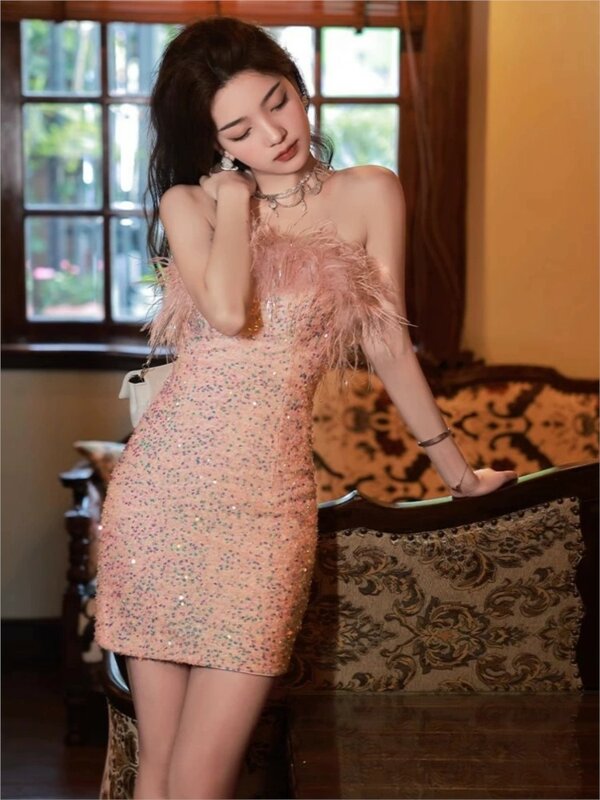 Birthday Party Dinner Suit Light Luxury Gown Female Bride Feather Sequins Tube Top Dress