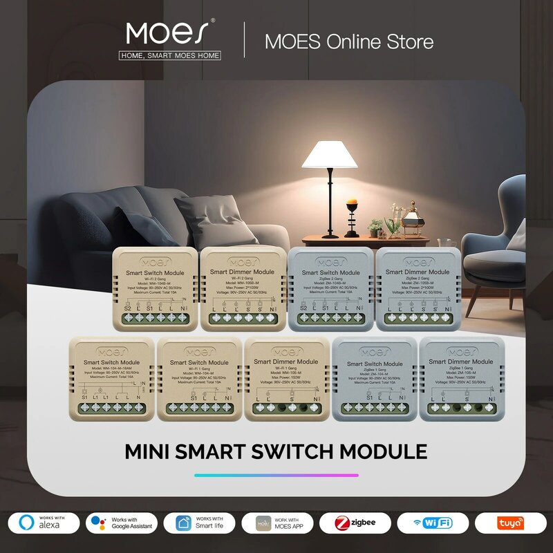 MOES-Mini Tuya WiFi Smart Switch, Zigbee, Gradateur Tech, DIY Light Switch, Télécommande 1/2 Gang, Fonctionne avec Alexa, Google Home