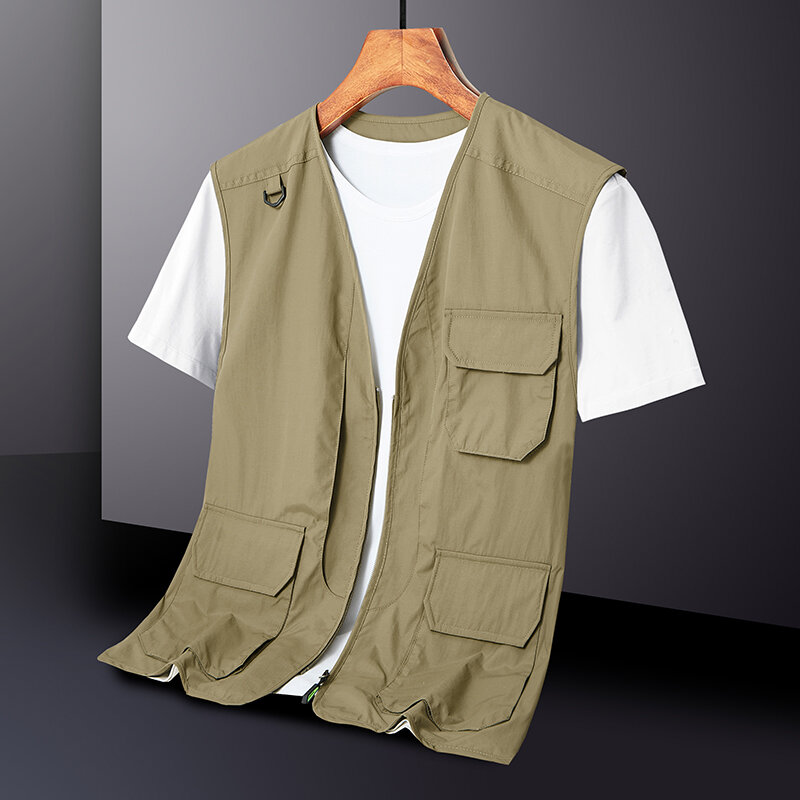 Colete de malha de secagem rápida masculino, bolso múltiplo, jaqueta de carga, regata casual respirável, cor sólida, verão 2022