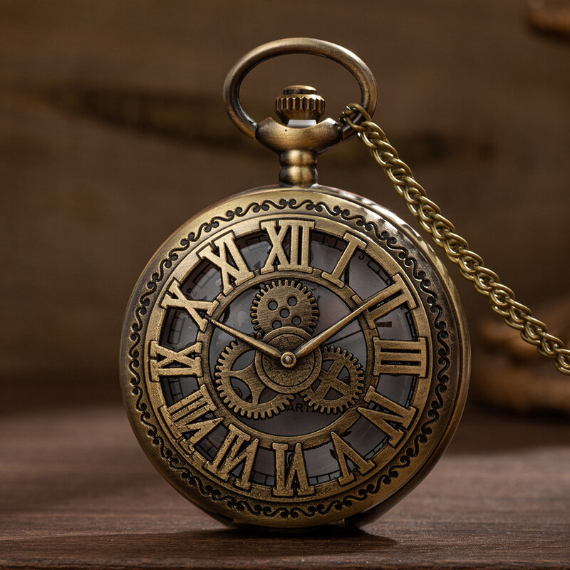 Relógio de bolso vintage com pingente para as mulheres, relógio estilo clássico com flip, escavado figura romana engrenagem